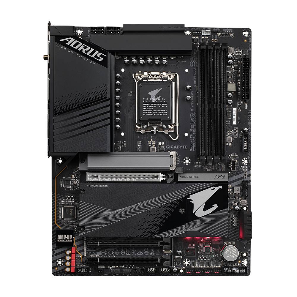 Een zwarte Gigabyte AORUS moederbord met meerdere sleuven, CPU-socket en koellichamen, bedoeld voor high-performance computing.