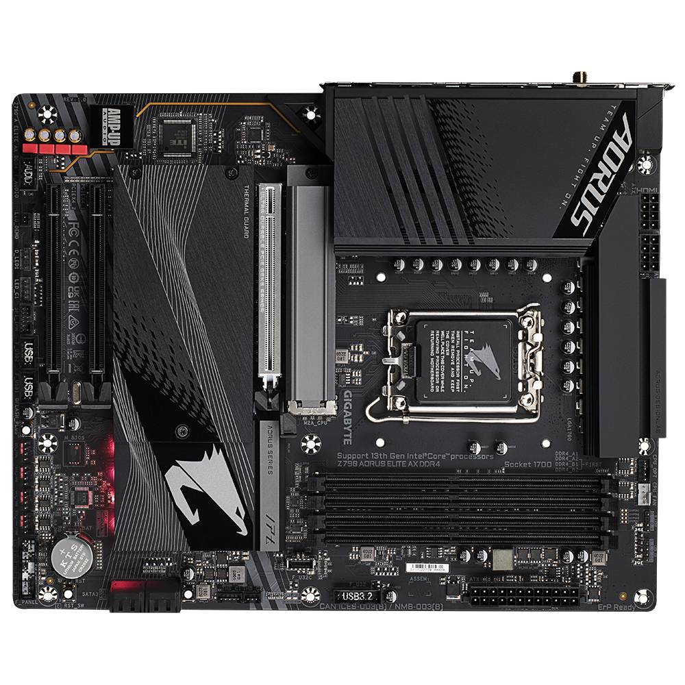 Bovenaanzicht van een computermoederbord met meerdere sleuven, aansluitingen en een koellichaam. Gemarkeerd met 'AORUS'.