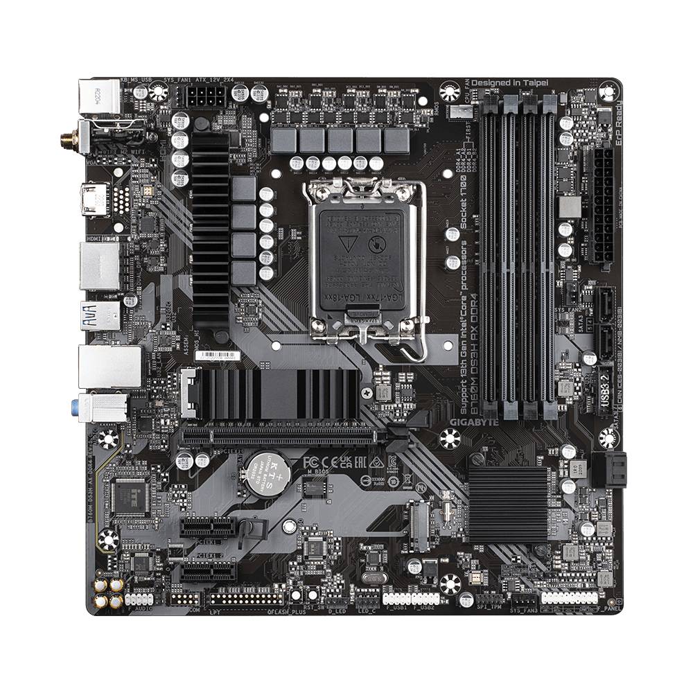 De afbeelding toont een computer-moederbord met verschillende elektronische componenten, uitbreidingssleuven en aansluitingen. Het heeft een compacte vorm.