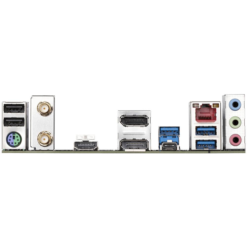 Achterkant van een moederbord met verschillende aansluitingen: USB, HDMI, Ethernet, audio-poorten en meer, voor pc-componentenintegratie.