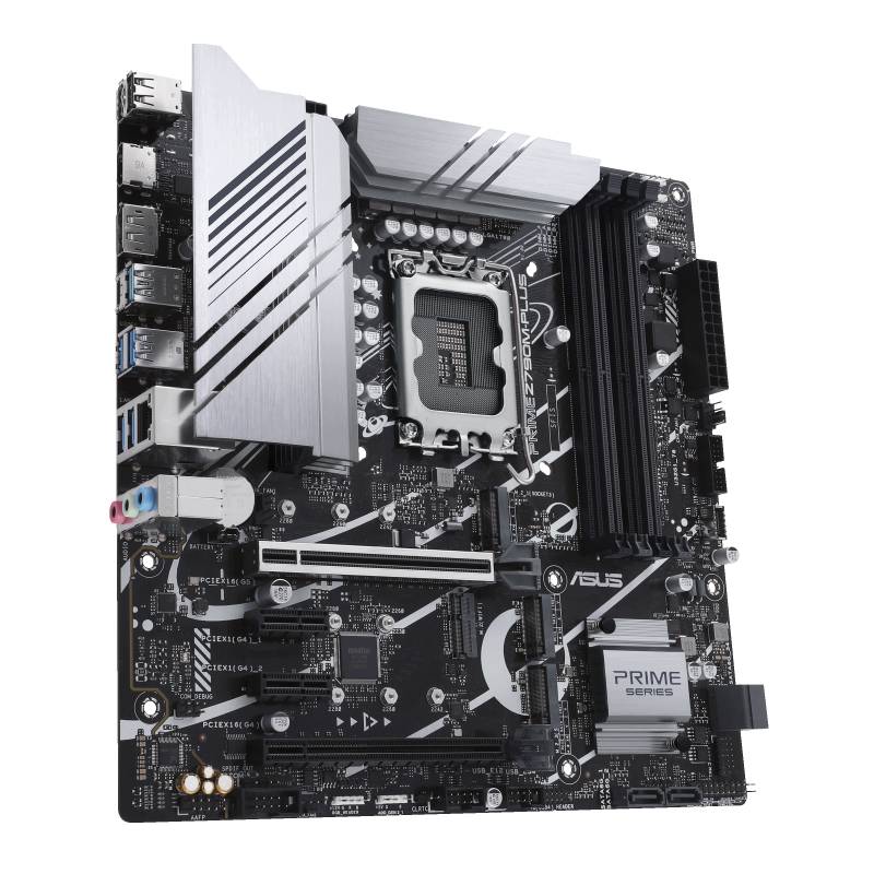 Zwart computermoederbord met meerdere aansluitingen, zilveren koellichamen en sleuven voor RAM en processor.