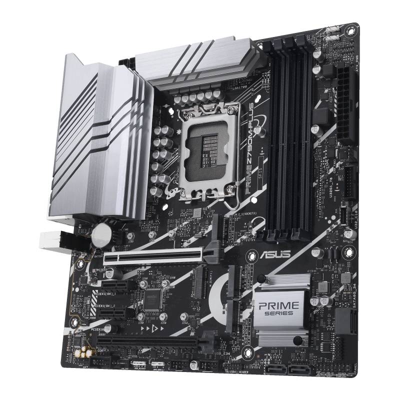 Een computermoederbord met meerdere aansluitingen en grote heatsinks. Markeringen tonen de slot- en verbindingslocaties.
