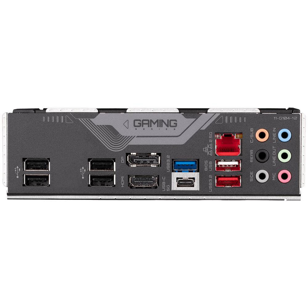 Achterkant van een gaming-moederbord met meerdere USB-aansluitingen, HDMI- en DisplayPort-poorten en audio-aansluitingen.