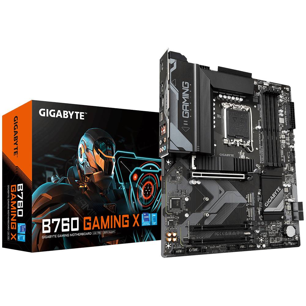 De afbeelding toont een Gigabyte B760 Gaming X moederbord voor zijn verpakking. Beide objecten zijn qua kleur en stijl op elkaar afgestemd.