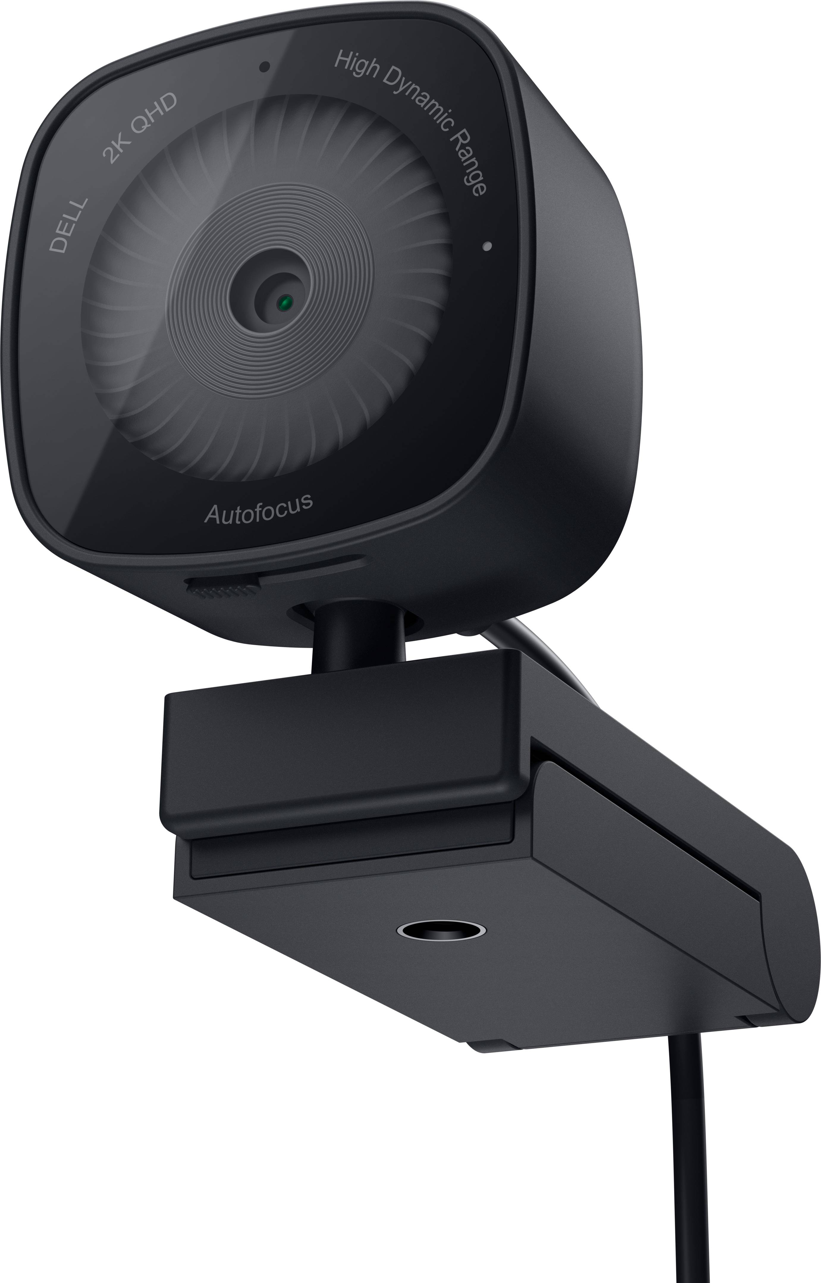 Zwarte webcam met autofocus en 2K-QHD-resolutie, gemonteerd op een verstelbare beugel.