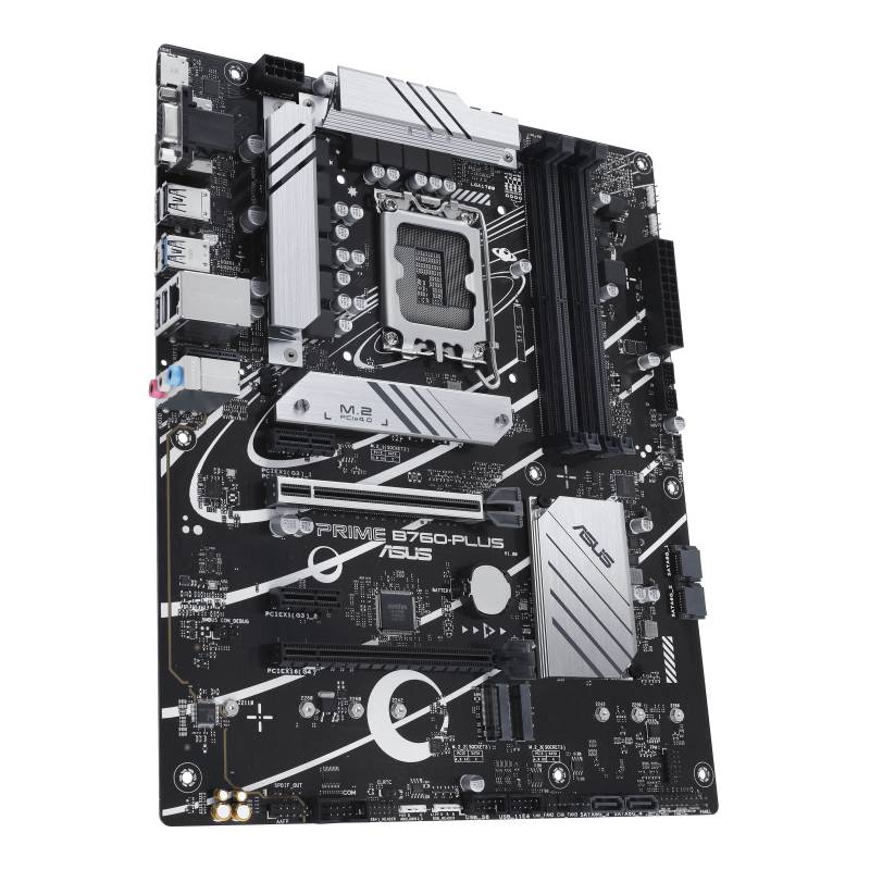 Een zwart computermoederbord met zilveren heatsinks, talrijke uitbreidingssleuven en aansluitingen voor verschillende pc-componenten.