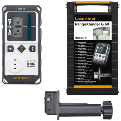Laserliner RangeXtender G 60 apparaat met verpakking en toebehoren. Wordt gebruikt voor het vergroten van de laserreikwijdte. Belangrijkste kenmerk: hoge snelheid.