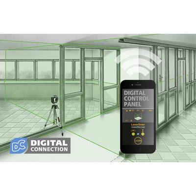 Laser-afstandsmeter in een ruimte, verbonden met een smartphone waarop de app 'Digital Control Panel' wordt weergegeven.