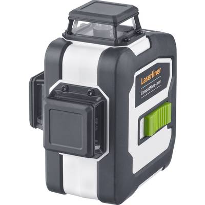 Een compacte, zwart-witte lasermaatmeter met groene toets. Label 'Laserliner CompactPlane Laser' zichtbaar.