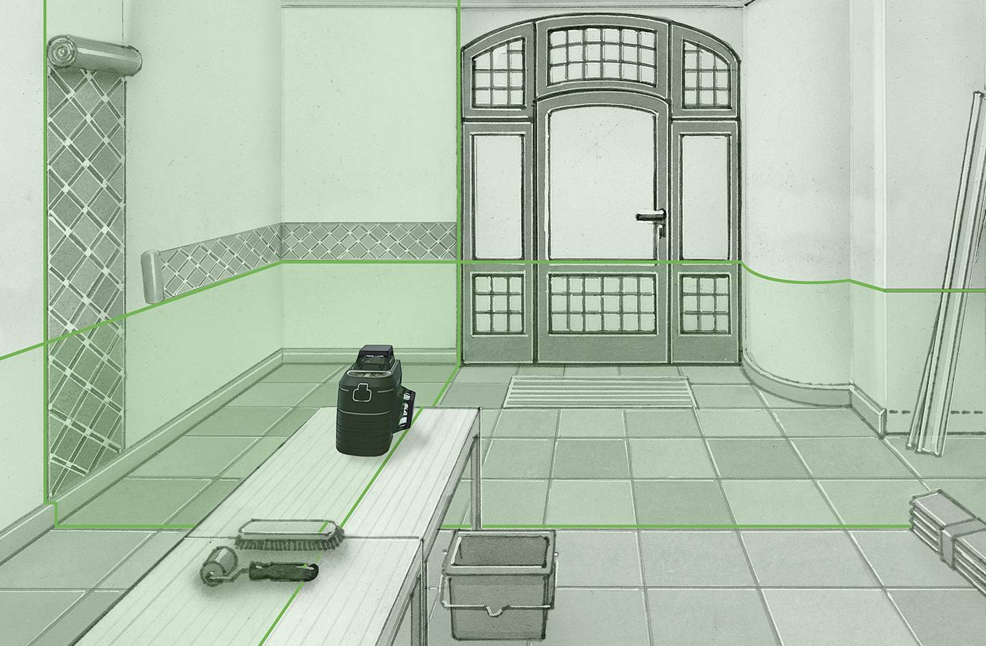 Een lege ruimte met een tegelvloer, behangen muren en een grote deur. Een tafel met schildersgereedschap staat op de voorgrond.