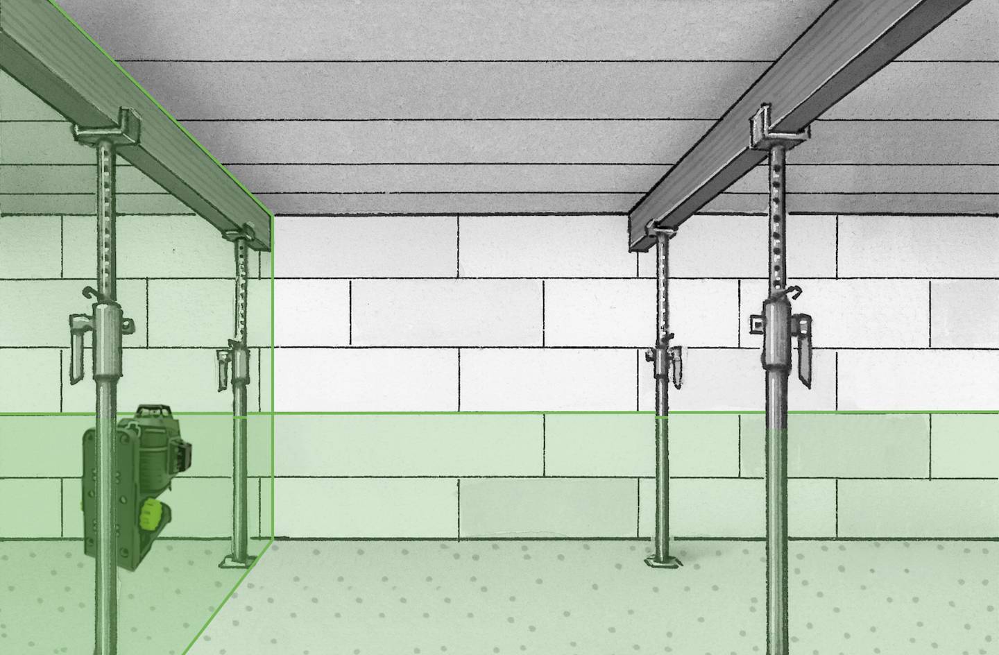 Een bouwplaats met metalen steunen die een plafond ondersteunen. Een laserniveaumeter projecteert een groene lijn op de muren.