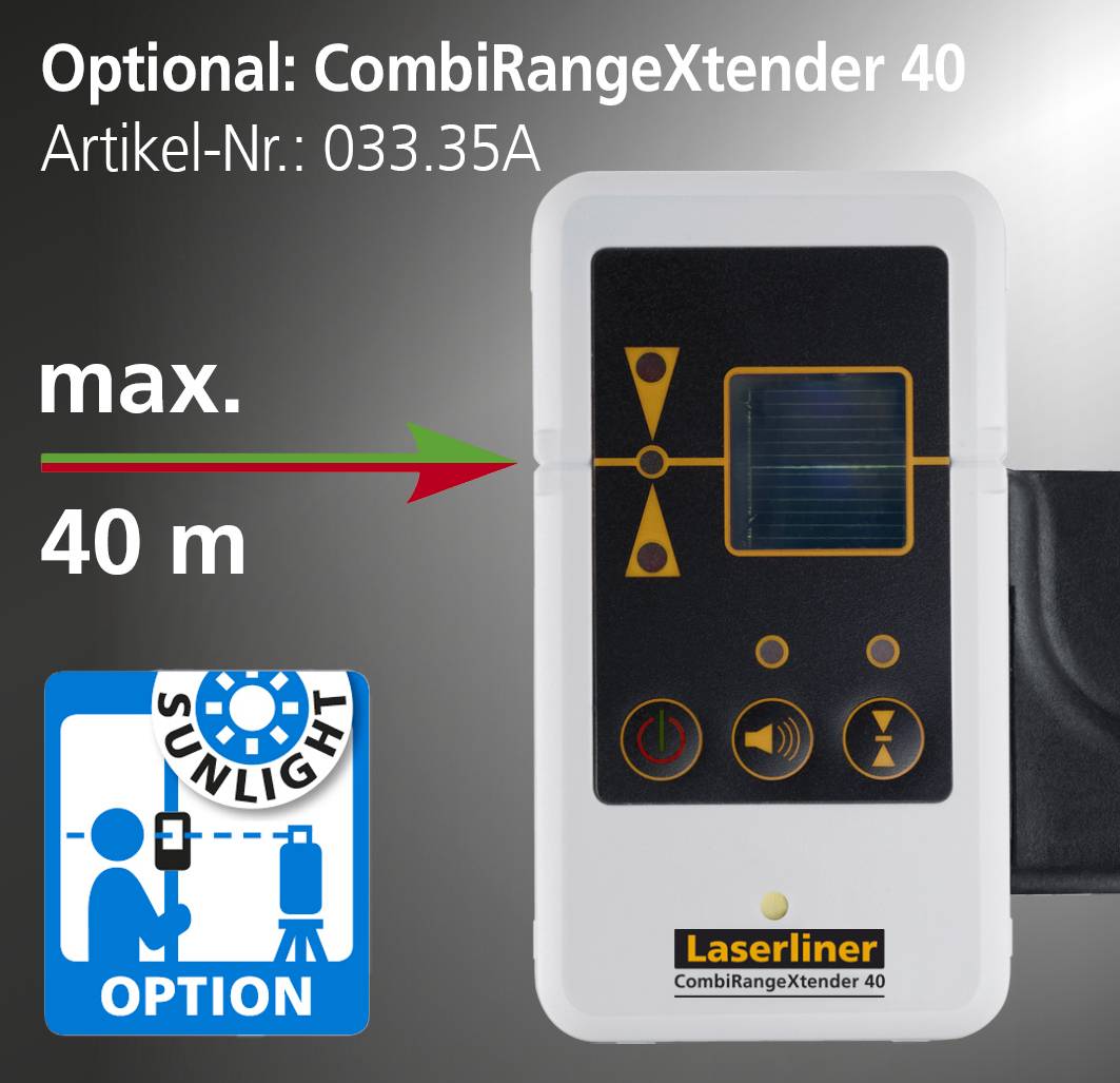 Apparaat met display geeft maximaal bereik van 40 m aan. Verwijzing naar optionele functie 'Sunlight Option'. Model: Laserliner CombiRangeXtender 40.