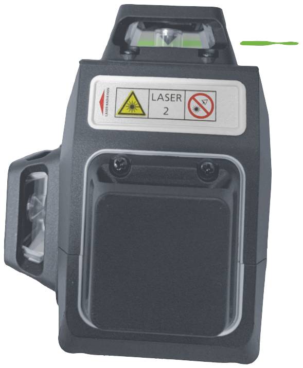 Een lasertoestel van klasse 2 met een waarschuwingssticker voor laserstraling en een kijkvenster met een groene laserlijn bovenaan.