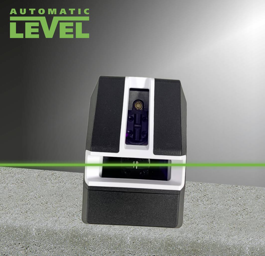 Een waterpasinstrument projecteert een groene laserlijn over een betonoppervlak. Linksboven staat de tekst 'AUTOMATIC LEVEL'.