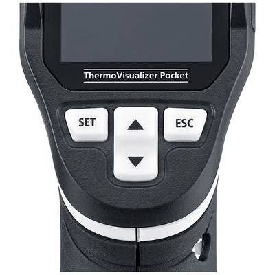 Close-up van een draagbare ThermoVisualizer met scherm, drie knoppen ('SET', pijl omhoog, 'ESC') eronder.