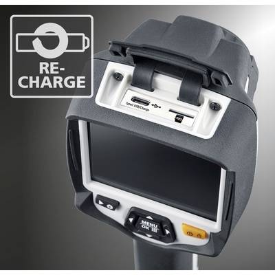 Een digitaal handapparaat met een scherm, ernaast een symbool met een cirkelvormige pijl en de tekst 'RE-CHARGE', wat wijst op het opladen van het apparaat.