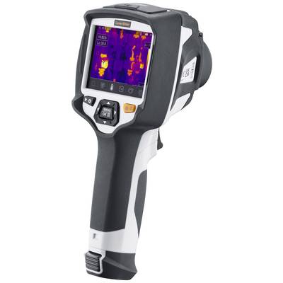 Een digitaal infrarood-thermometer met scherm toont een warmtebeeldweergave. Het apparaat heeft bedieningsknoppen onder het display.