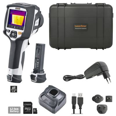 Infraroodcamera-set met camera, accu, oplader, kabels en adapters; toont warmtebeelden voor temperatuurmeting.