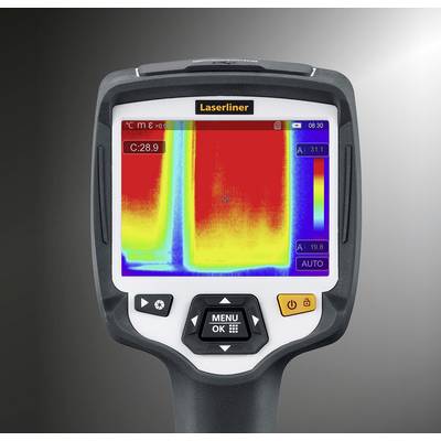 Thermografiecamera toont warmtebeeld met overwegend rode en gele gebieden. Temperatuurweergave links: 28,9 graden Celsius.