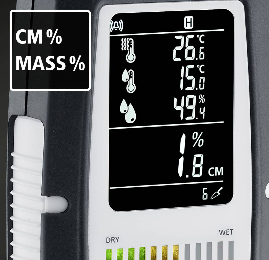 Digitaal display van een vochtigheidsmeter met indicaties voor temperatuur (26°C), luchtvochtigheid (49,4%) en watergehalte (1,8%).