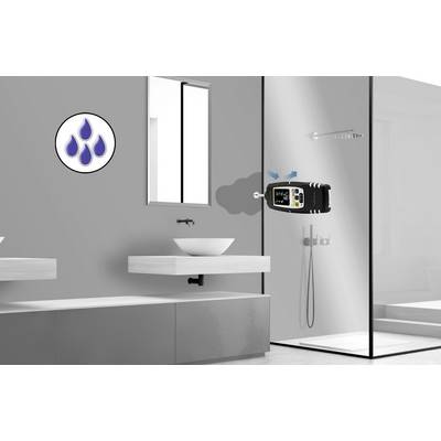 Modern badkamer met een wit wastafel, douche en apparaat aan de muur dat de waterdruk meet. Symbool met blauwe druppel links.