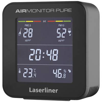 Luchtkwaliteitsmonitor toont PM2.5-waarde van 28 µg/m³, PM10-waarde van 52 µg/m³, tijd 20:48, temperatuur 23,1 °C en luchtvochtigheid 46,8 %.