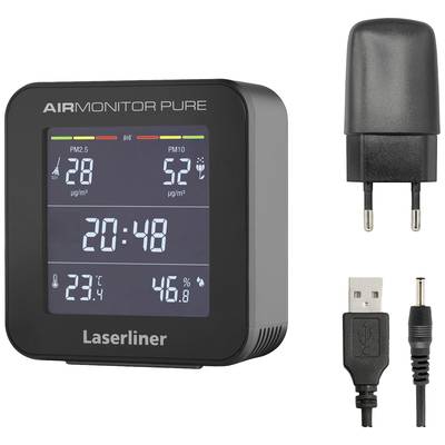 Luchtkwaliteitsmonitor toont PM2.5 en PM10-waarden, tijd, temperatuur en luchtvochtigheid. Inclusief oplader en kabel.