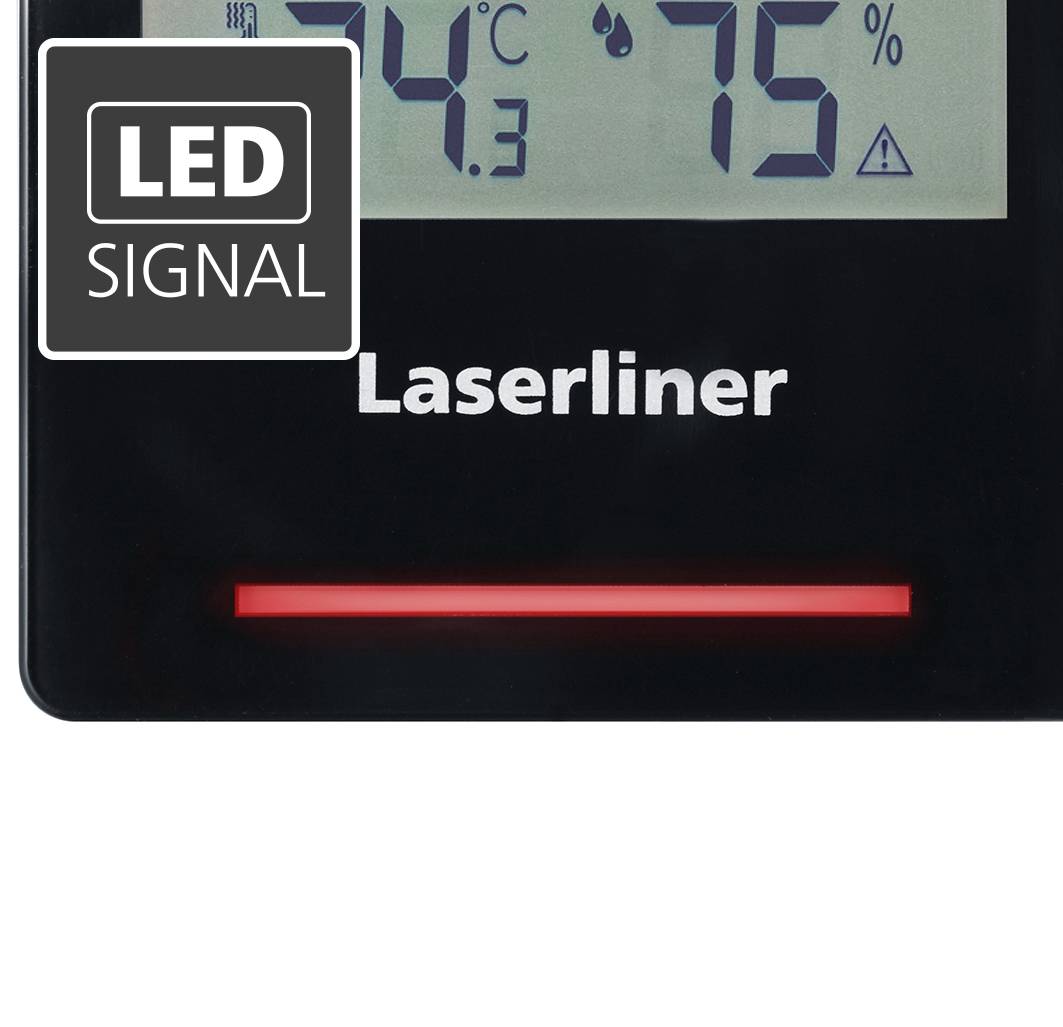 Een digitale thermometer toont 24,3 graden Celsius en 75 procent luchtvochtigheid. Een rood LED-signaal is zichtbaar.