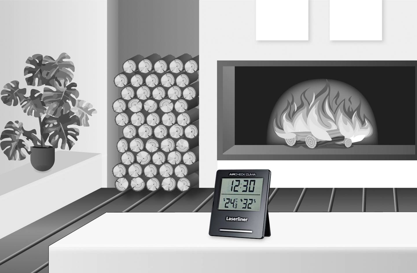 Een thermometer op een tafel toont '12:30' en temperaturen van '24°' en '32°'. Op de achtergrond een open haard en een stapel hout.