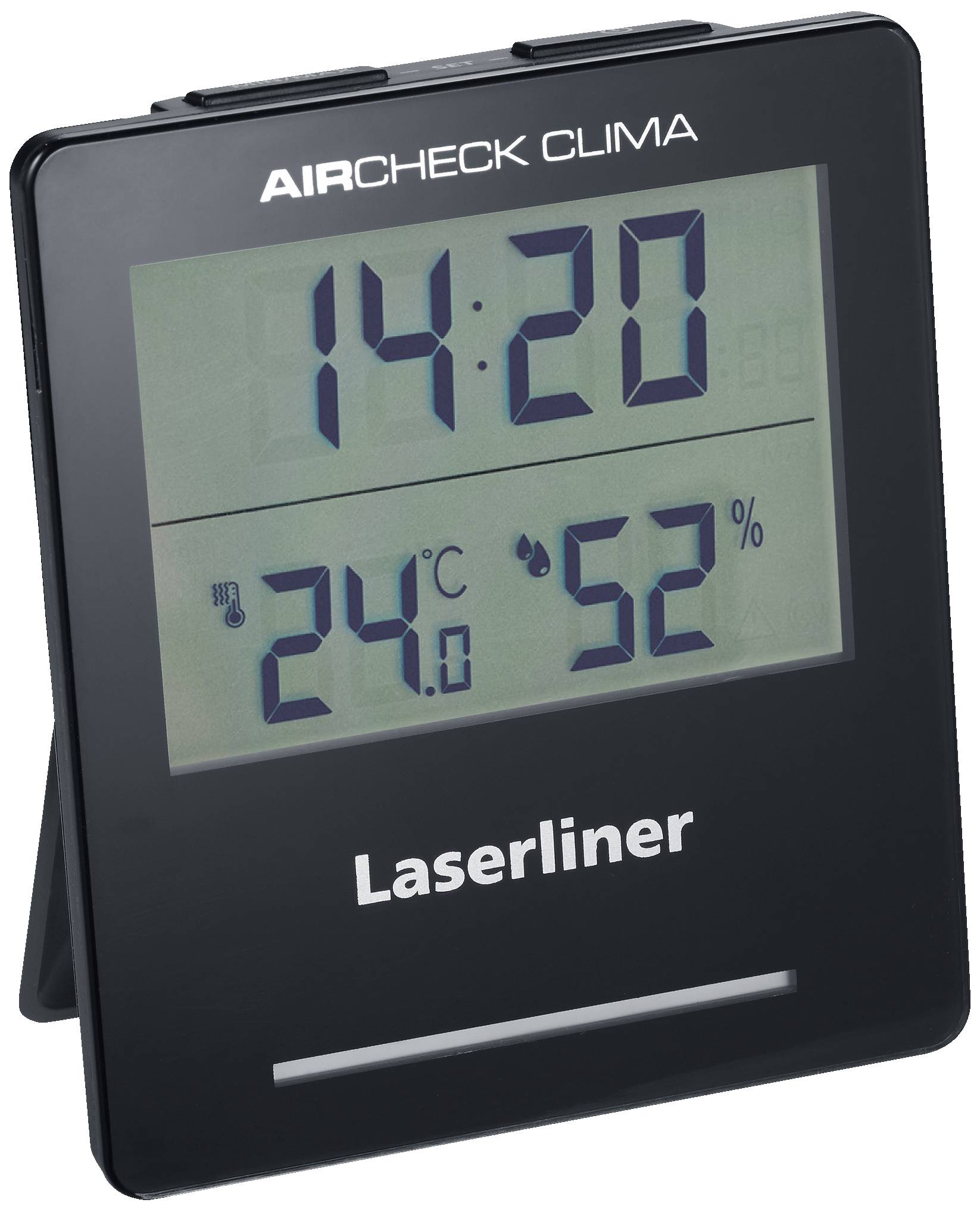 Zwart tafel-thermometer toont '14:20', '24°C' en '52%' voor tijd, temperatuur en luchtvochtigheid. Merk: Laserliner.