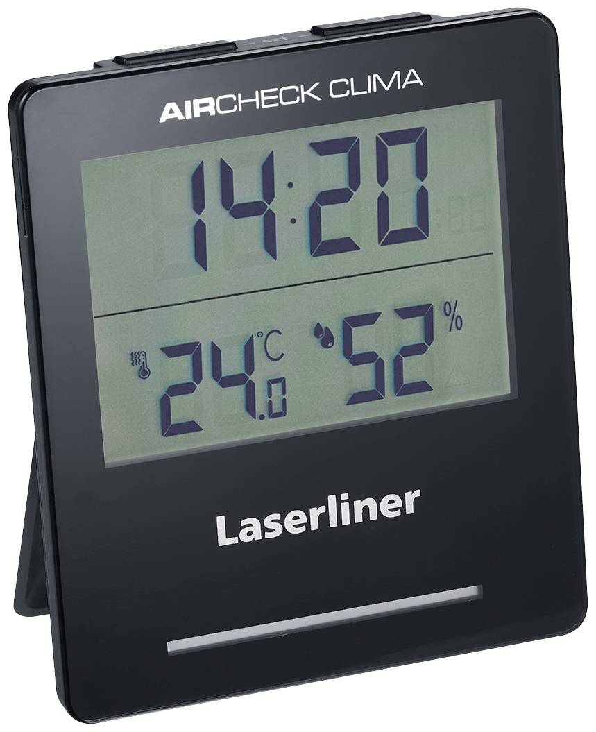 Digitaal meetapparaat toont tijd '14:20', temperatuur '24°C' en luchtvochtigheid '52%'. Fabrikantsnaam 'Laserliner' bovenaan.