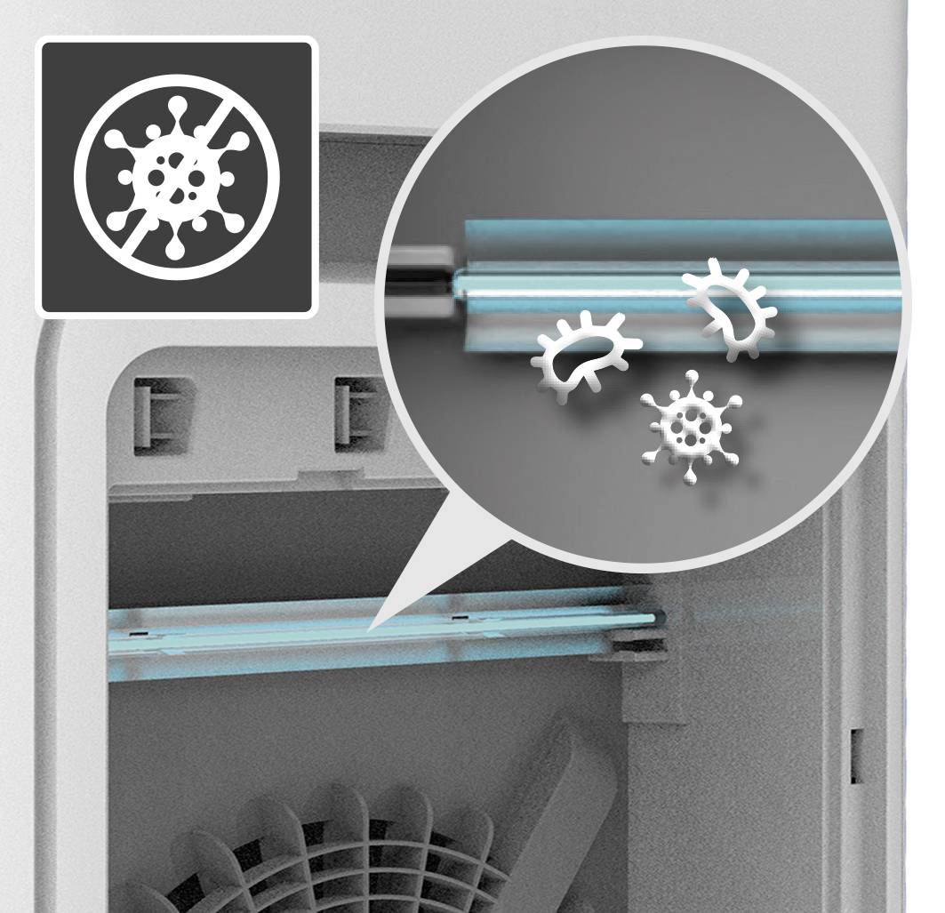 Detailopname van een UV-lamp met kiemvernietigende werking in een luchtreiniger. Close-up toont het UV-licht en de kiemen. Symbool linksboven.