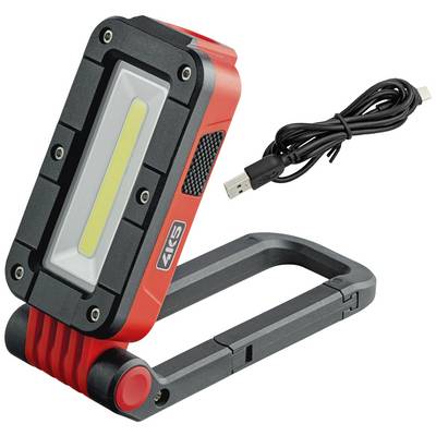 Draagbare LED-werklamp in rood en zwart met USB-kabel, opvouwbare standaard. Ideaal voor flexibele werkverlichting.