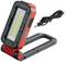 Draagbare LED-werklamp in rood en zwart met USB-kabel, opvouwbare standaard. Ideaal voor flexibele werkverlichting.
