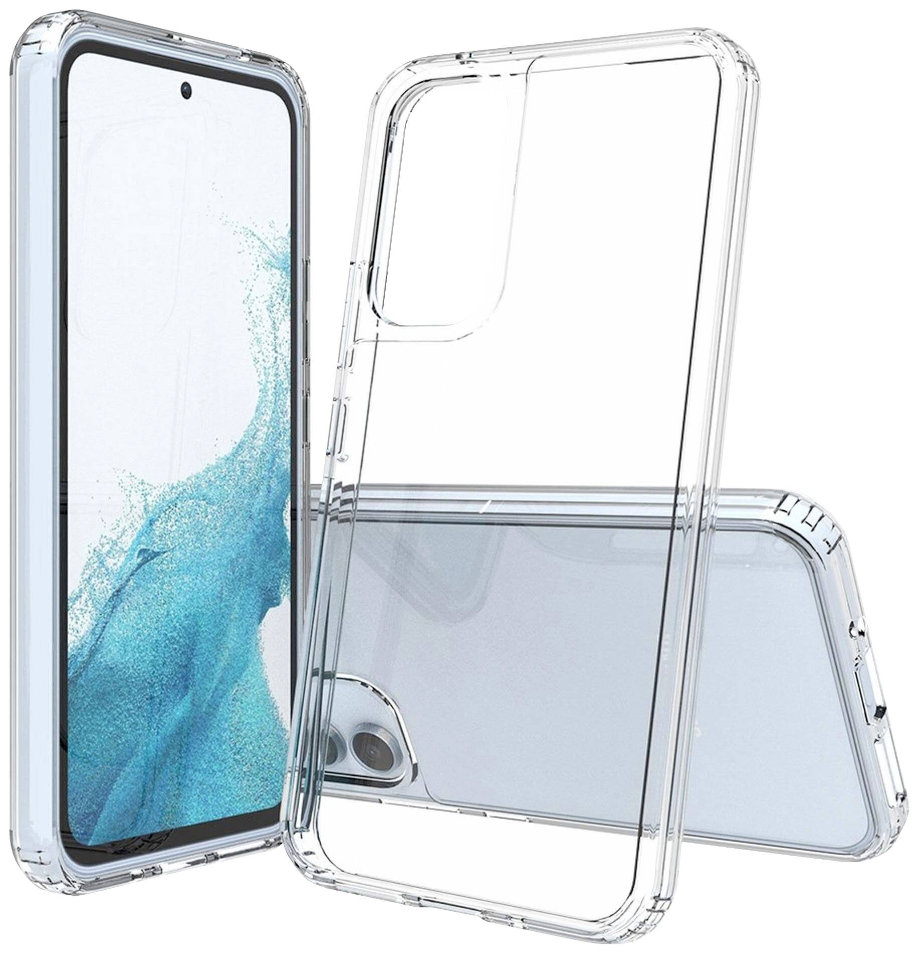 Smartphone met transparante beschermhoes. Voor- en achterkant zichtbaar; hoes beschermend en minimalistisch vormgegeven.