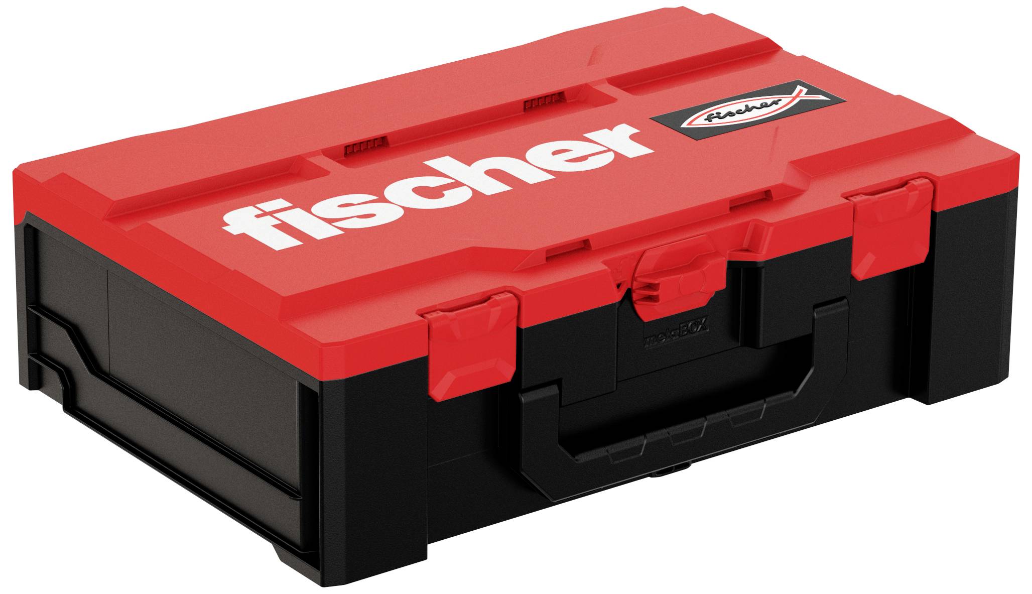 Een rode gereedschapskoffer met de witte opdruk 'fischer' bovenop. De koffer is rechthoekig en heeft een zwarte handgreep.
