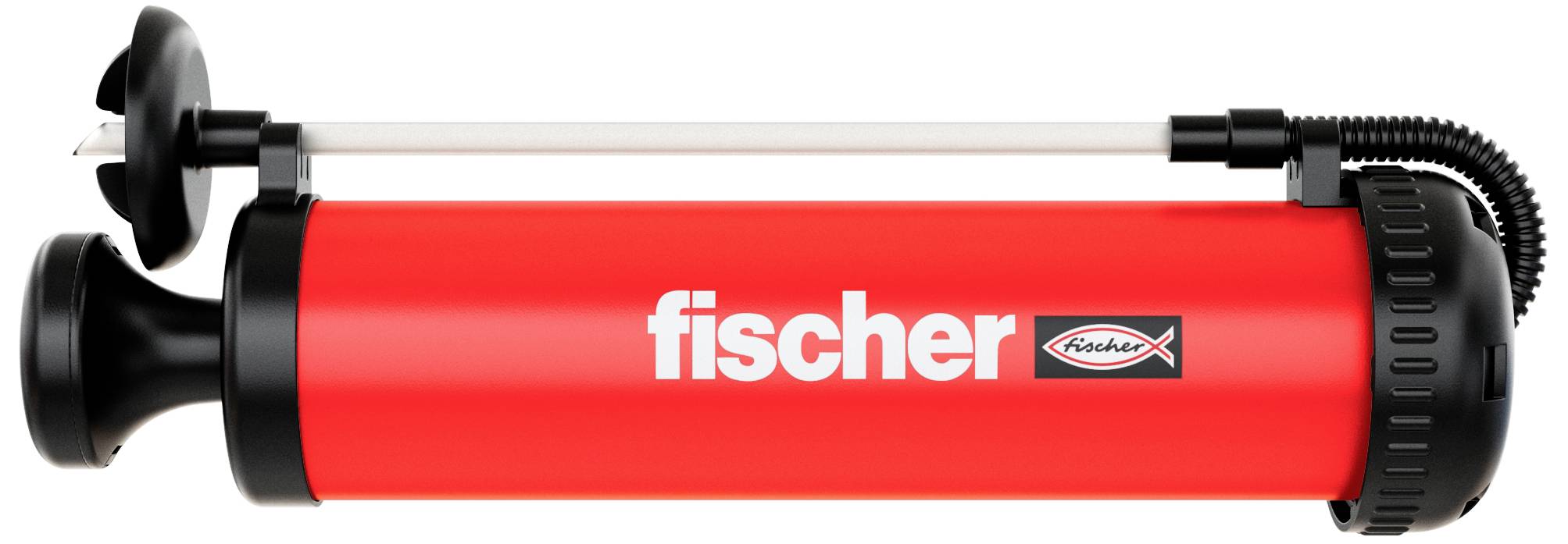 Rode fietspomp met het opschrift 'fischer'.
