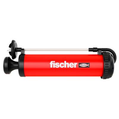 Rode Fischer fietspomp met zwart handvat, slang en mondstuk, weergegeven in zijkant op een witte achtergrond.
