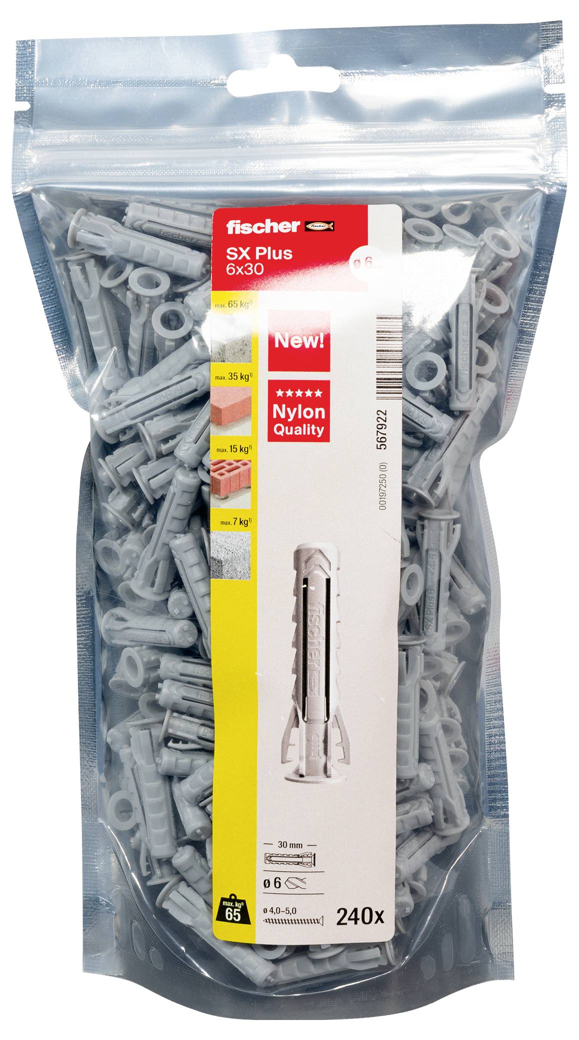Een zak met grijze Fischer SX Plus nylon pluggen, Type 6x30, 240 stuks. Verpakking toont toepassingsmogelijkheden en belastingsgrenzen.