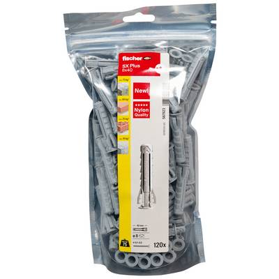 Een zak Fischer SX Plus nylon wandpluggen en schroeven, maat 8x40, 120 stuks, met zichtbare productlabel.