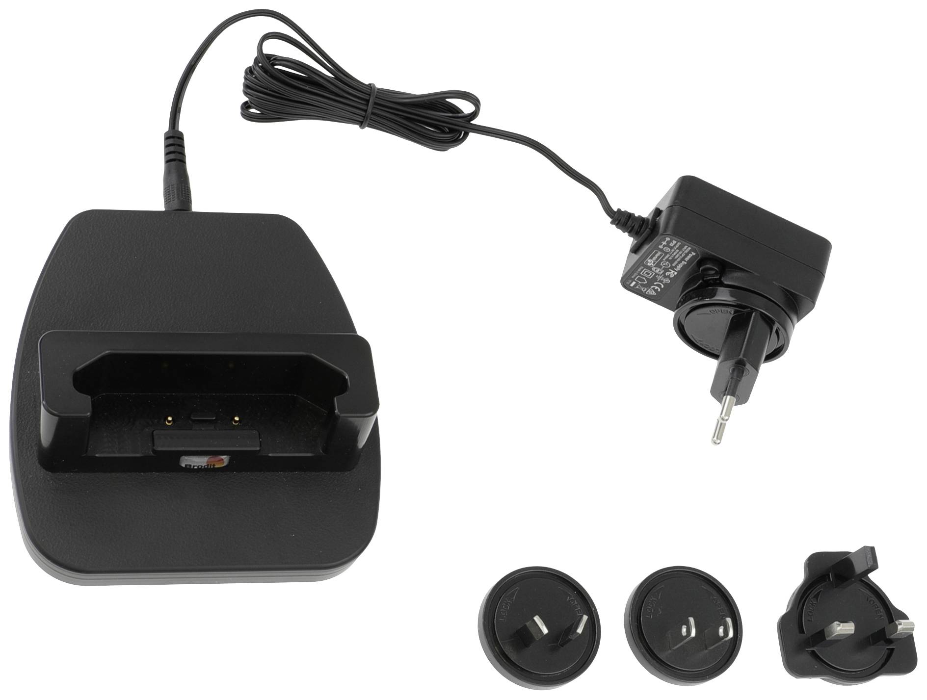 Laadstation met voedingsadapter en verwisselbare stekkers voor verschillende stopcontacten, geschikt voor het opladen van elektronische apparaten.