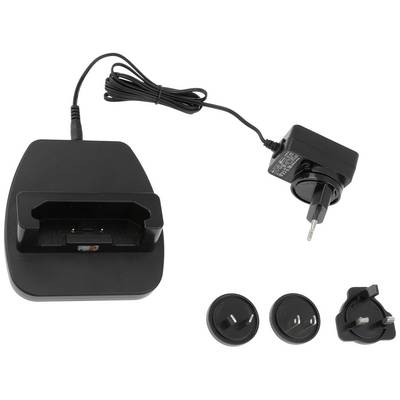 Laadstation met voedingsadapter en verwisselbare stekkers voor verschillende stopcontacten, geschikt voor het opladen van elektronische apparaten.