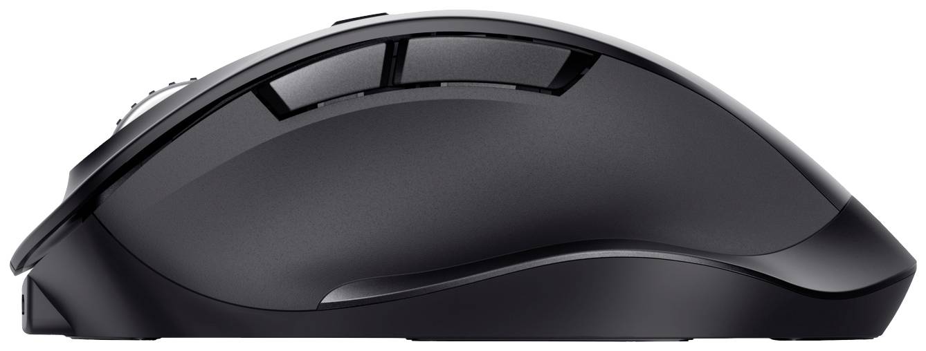 Draadloze zwarte muis met ergonomisch ontwerp, zijtoetsen en een scrollwiel, geschikt voor comfortabel computerwerk.