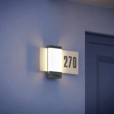 Buitenlamp op een blauwe muur, verlicht, met het kamernummer '270' ernaast.