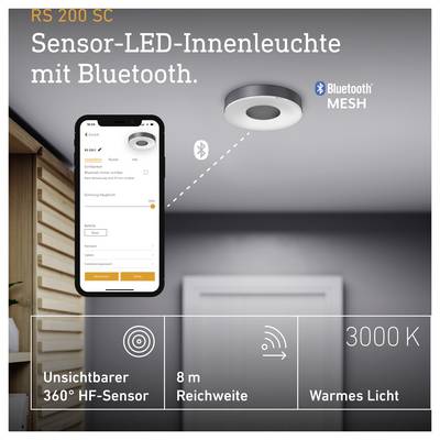 Advertentie voor RS 200 SC: Plafondlamp met Bluetooth Mesh, onzichtbare 360°-RF-sensor, 8 m bereik en 3000 K warm licht.