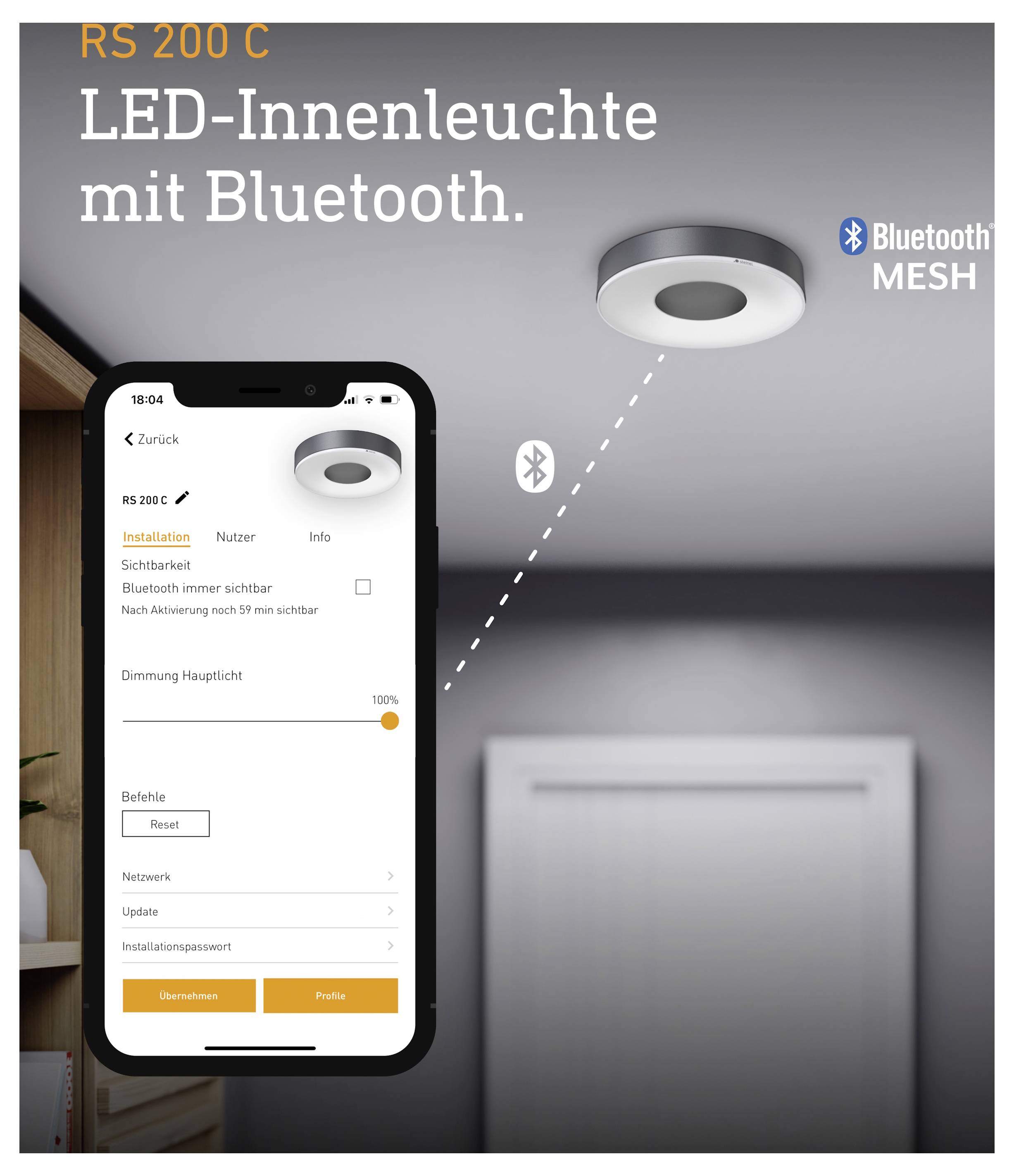 Advertentisgrafiek voor 'RS 200 C LED-binnenverlichting met Bluetooth': Plafondlamp wordt per smartphone-app bediend, met verwijzing naar Bluetooth Mesh.