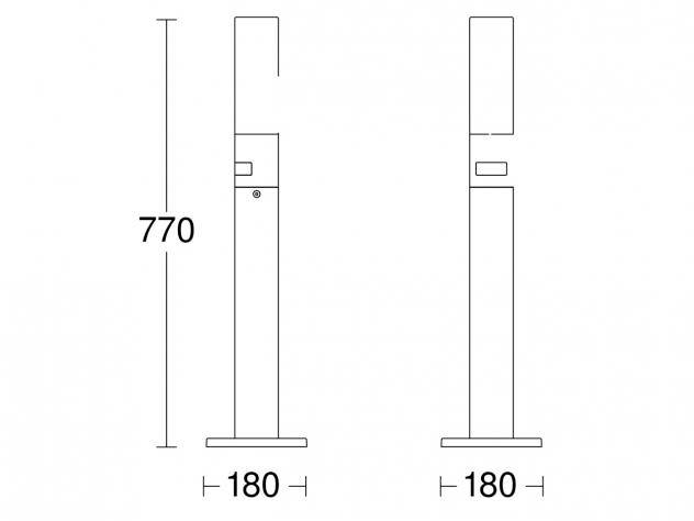 Schets van twee kastweergaven met afmetingen. Hoogte: 770 mm. Breedte: 180 mm per eenheid.