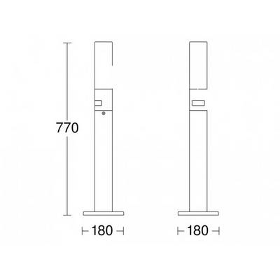 Schets van twee kastweergaven met afmetingen. Hoogte: 770 mm. Breedte: 180 mm per eenheid.
