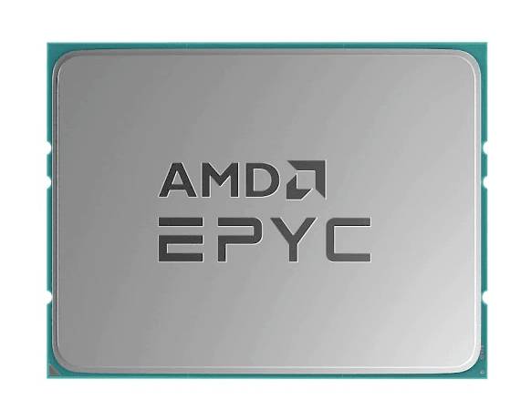 Een AMD EPYC-processor ligt op een witte achtergrond. De zilveren behuizing toont het logo 'AMD EPYC' prominent in het midden.