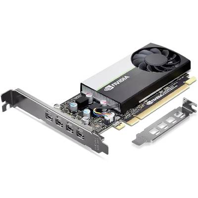 Nvidia grafische kaart met ventilator en vier aansluitingen. De kaart is verticaal weergegeven met verwijderde bevestigingsplaten.